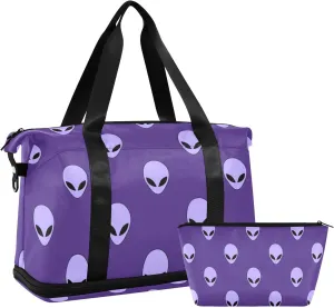 Weekender Bag Set Purple Alien Head Sport Travel Duffel Bag Large Tote Bag with Shoe Compartment