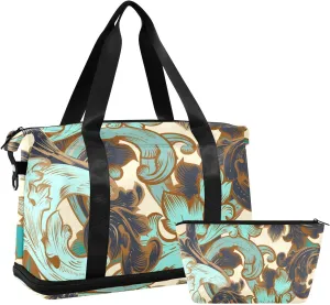 Weekender Bag Set Retro Ornamental Swirls Sport Travel Duffel Bag Large Tote Bag with Shoe Compartment