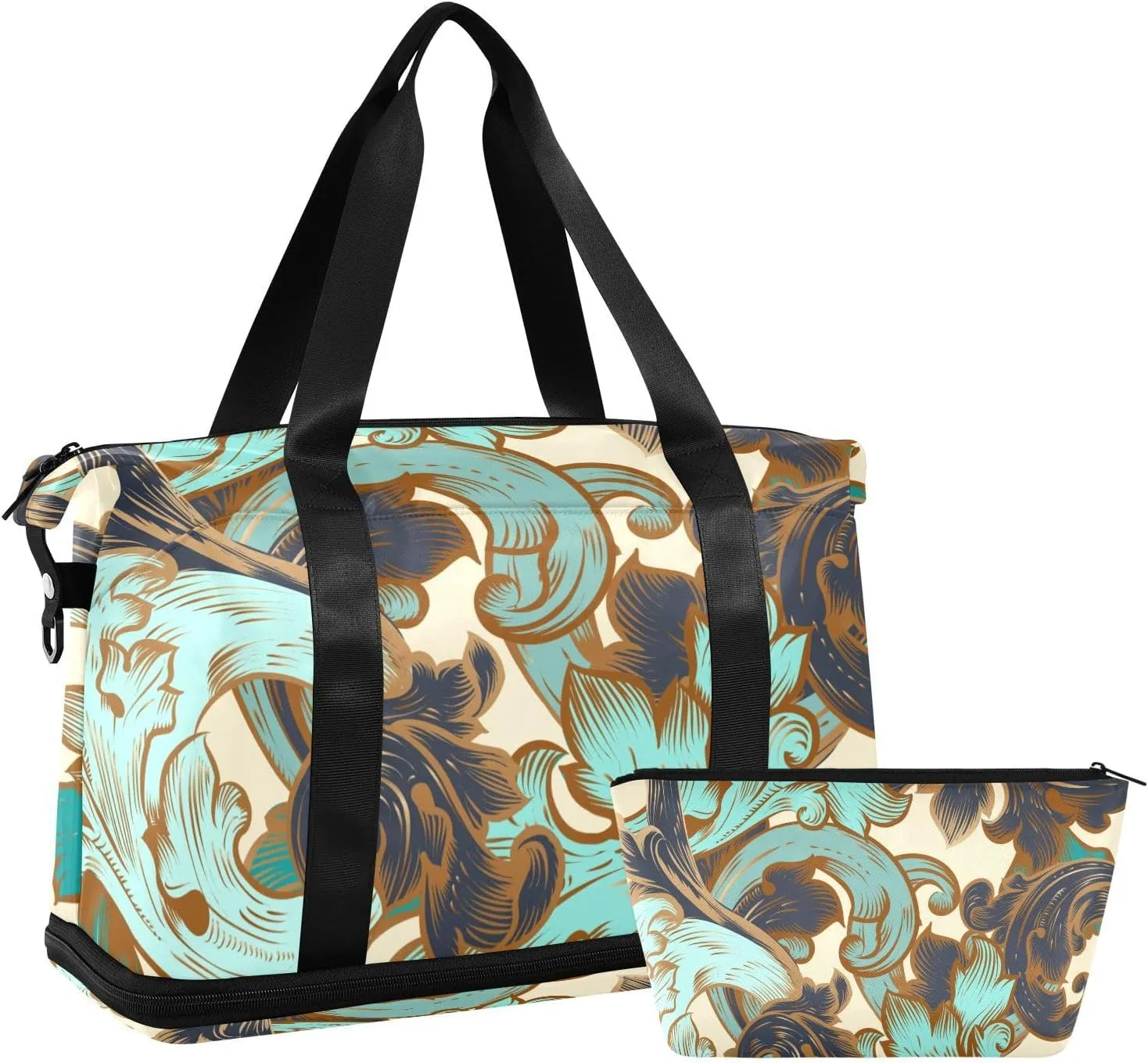 Weekender Bag Set Retro Ornamental Swirls Sport Travel Duffel Bag Large Tote Bag with Shoe Compartment