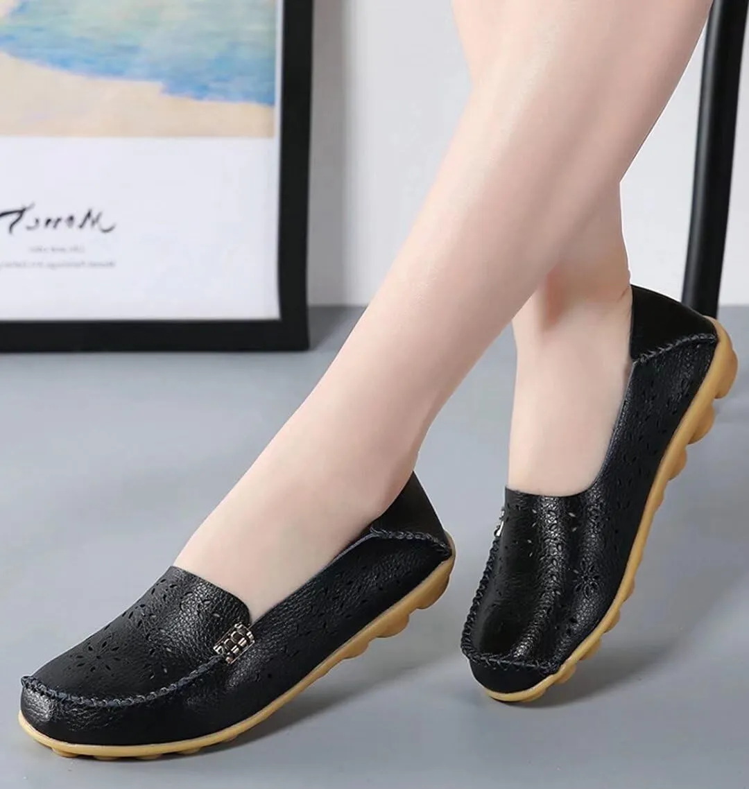 Womens Cowhide Casual Slipper Loafers Moccasin Driving Shoes Flat Slip-Ons