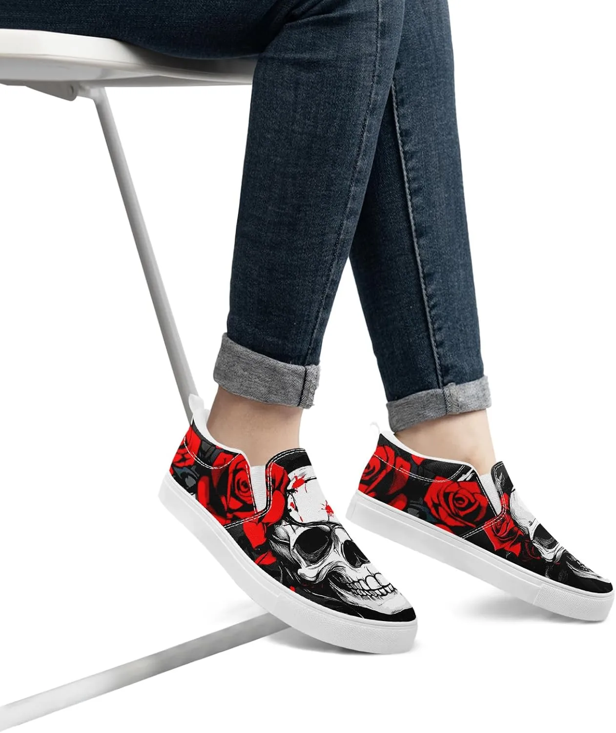 Women's Gothic Skull Canvas Slip-On Flat Shoes Men's Low top Dark Art Rose Stylish Sneakers Comfort Fashion Streetwear