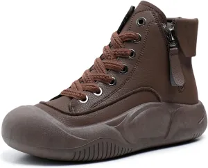 Women's Leather Lace Up Platform Height Increasing Sneakers Fashion Comfortable Round Toe Casual Walking Shoes Side Zipper High Top Outdoor Sports Trainers