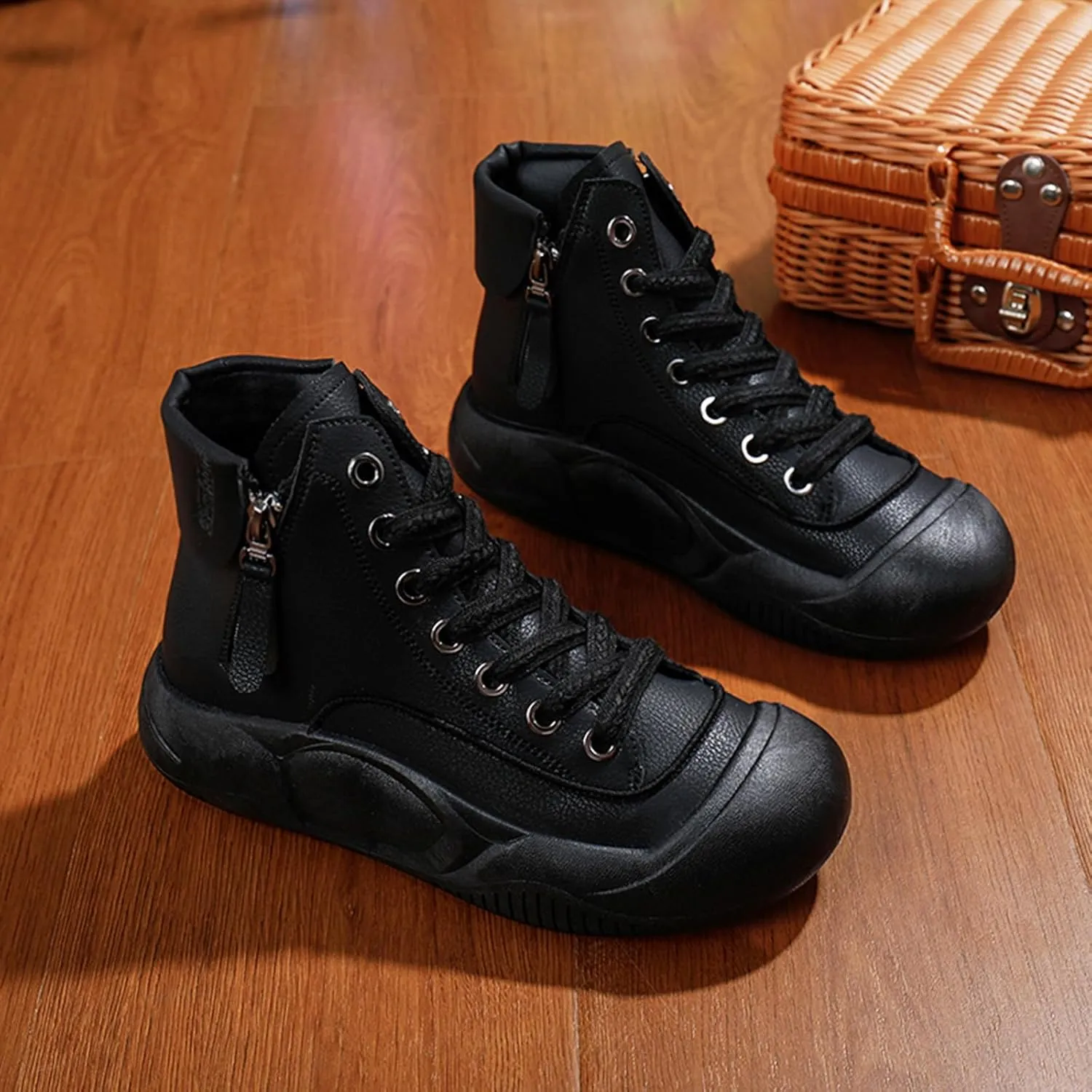 Women's Leather Lace Up Platform Height Increasing Sneakers Fashion Comfortable Round Toe Casual Walking Shoes Side Zipper High Top Outdoor Sports Trainers