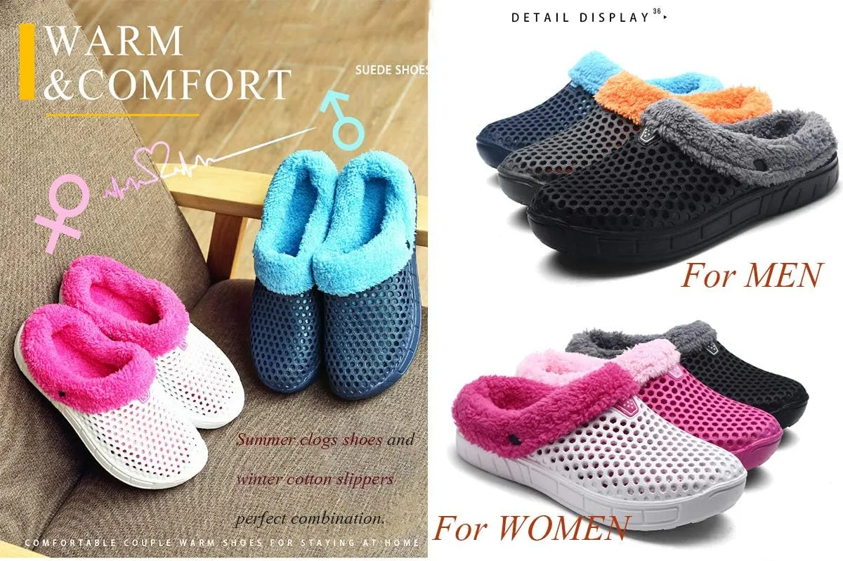 Women's Men's Indoor Outdoor Cotton Slippers Garden Clogs Breathable Mesh Lightweight Non-Slip Sole Winter Warm Shoes