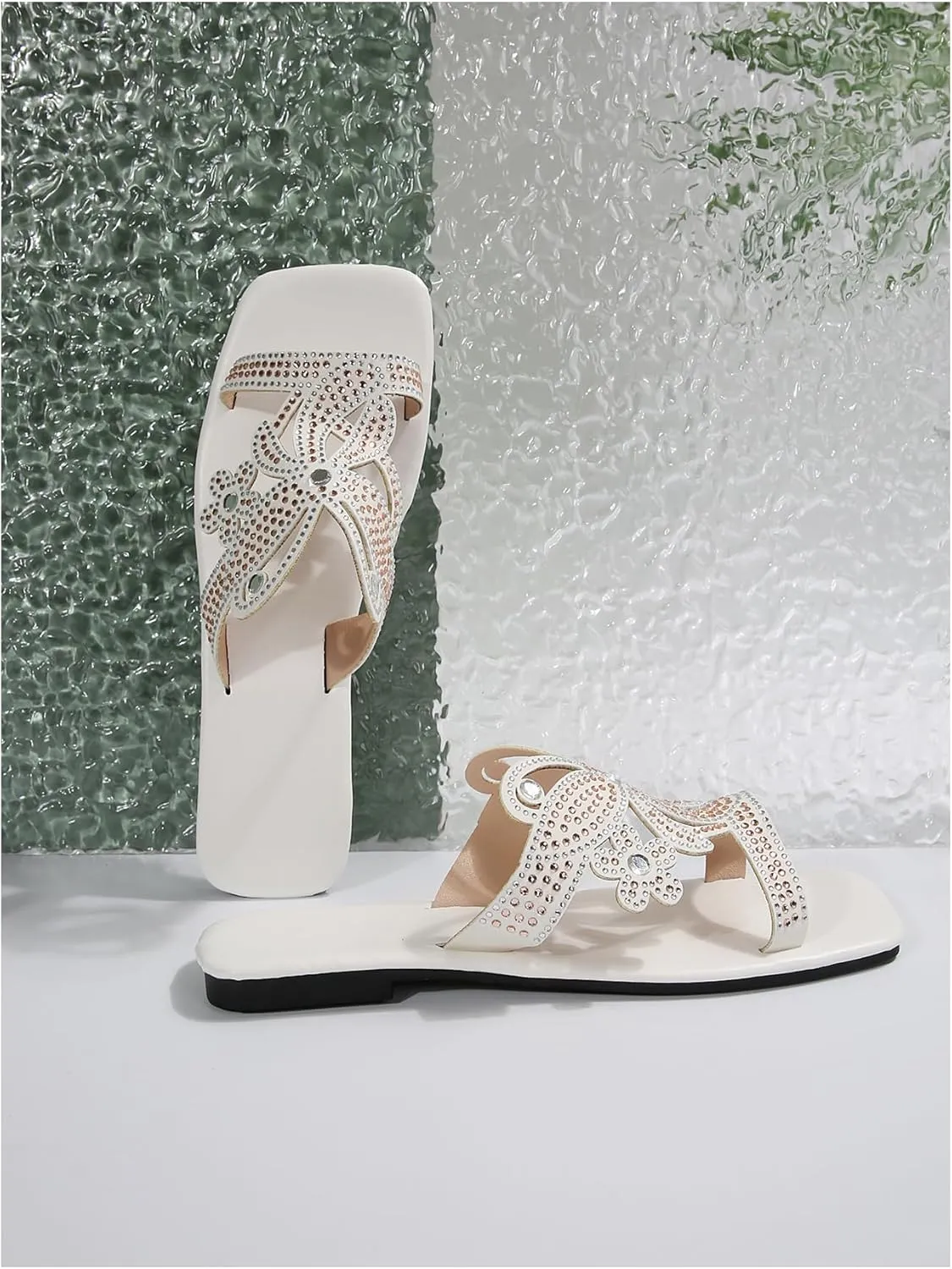 Women's Rhinestone Floral Hollow Flat Sandals Glitter Square Open Toe Slip Ons