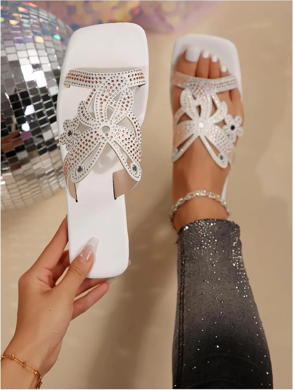 Women's Rhinestone Floral Hollow Flat Sandals Glitter Square Open Toe Slip Ons