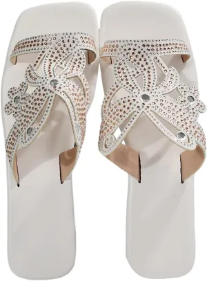 Women's Rhinestone Floral Hollow Flat Sandals Glitter Square Open Toe Slip Ons