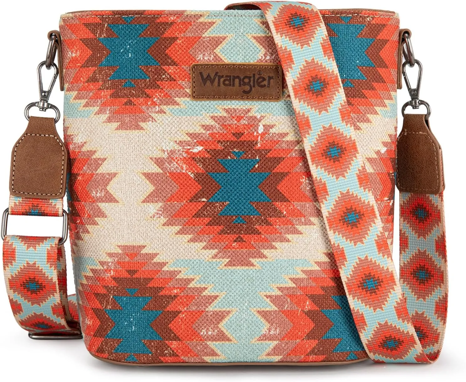 Wrangler Aztec Crossbody Bag for Women Southwestern Print Canvas Shoulder Purse with Distressed Look and Adjustable Strap