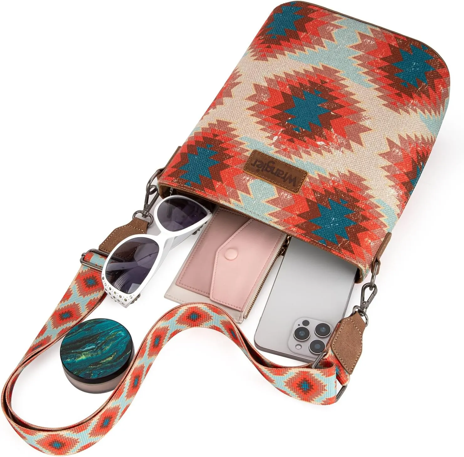 Wrangler Aztec Crossbody Bag for Women Southwestern Print Canvas Shoulder Purse with Distressed Look and Adjustable Strap