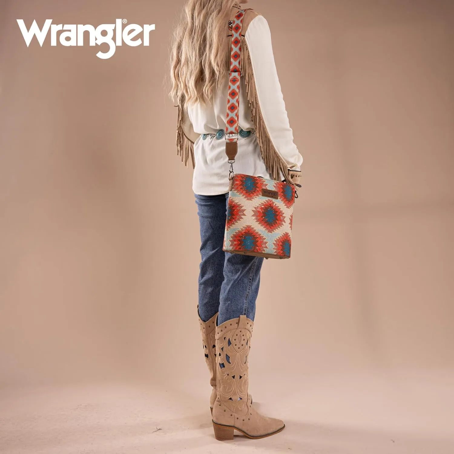 Wrangler Aztec Crossbody Bag for Women Southwestern Print Canvas Shoulder Purse with Distressed Look and Adjustable Strap