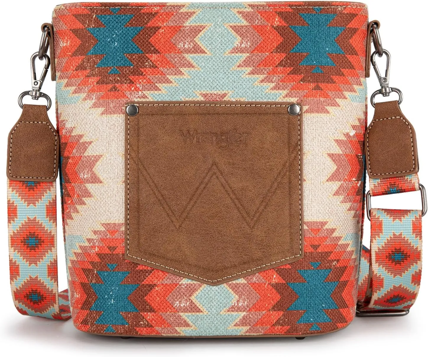 Wrangler Aztec Crossbody Bag for Women Southwestern Print Canvas Shoulder Purse with Distressed Look and Adjustable Strap