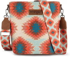 Wrangler Aztec Crossbody Bag for Women Southwestern Print Canvas Shoulder Purse with Distressed Look and Adjustable Strap
