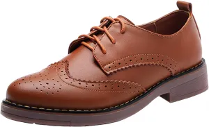 WUIWUIYU Women's Girls Brogue Oxford Shoes Vintage Lace-up Low Heel Platform Smart Casual Work School Oxfords