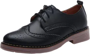 WUIWUIYU Women's Girls Brogue Oxford Shoes Vintage Lace-up Low Heel Platform Smart Casual Work School Oxfords