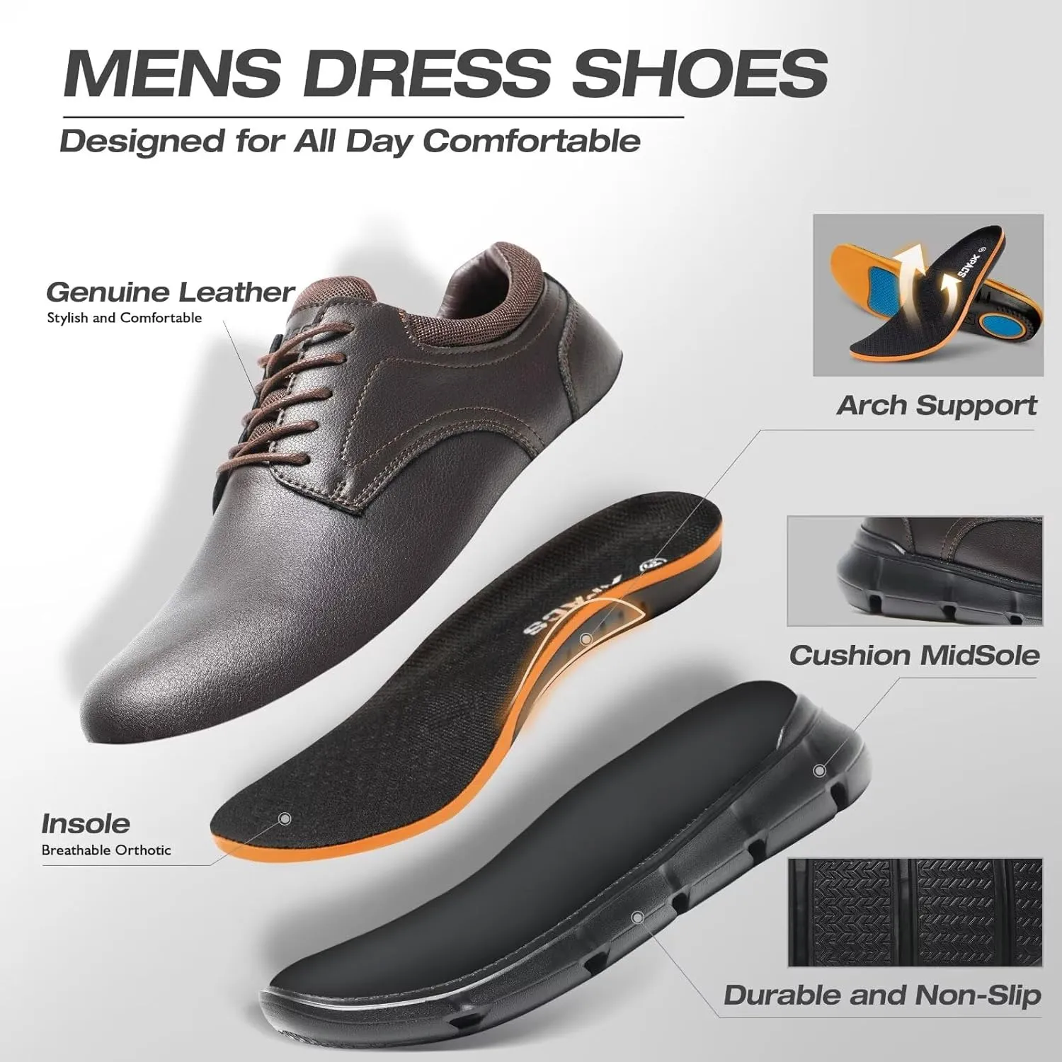 XPACS Men's Orthopedic Leather Dress Walking Shoes: Comfortable Arch Support Orthotic Plantar Fasciitis Business Casual Oxford, Flat Feet Formal Tennis Work Shoes for Foot and Heel Pain Relief