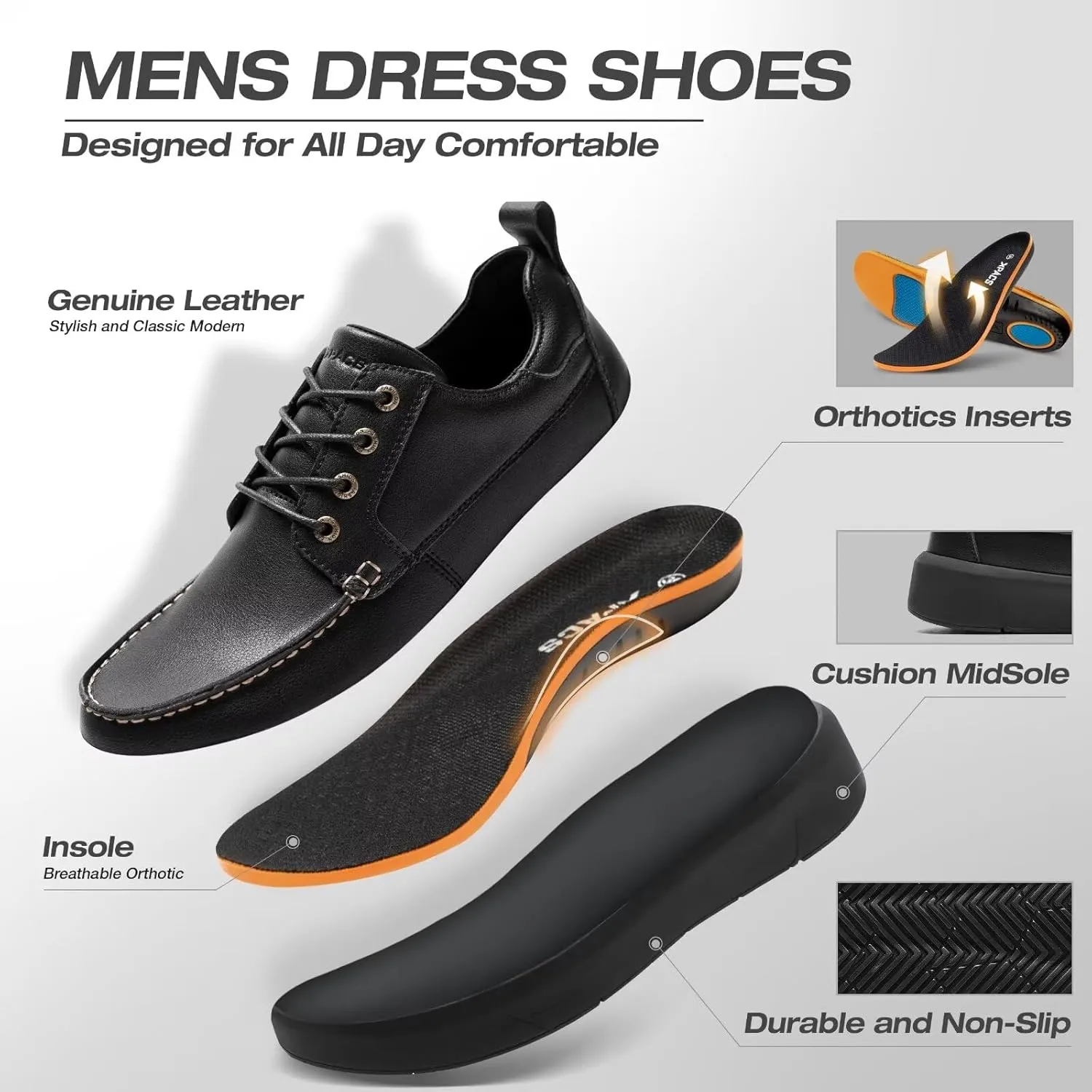 XPACS Men's Orthopedic Leather Dress Walking Shoes: Comfortable Arch Support Plantar Fasciitis Orthotic Business Tennis Oxfords, Flat Feet Casual Office Working Shoes for Foot and Heel Pain Relief