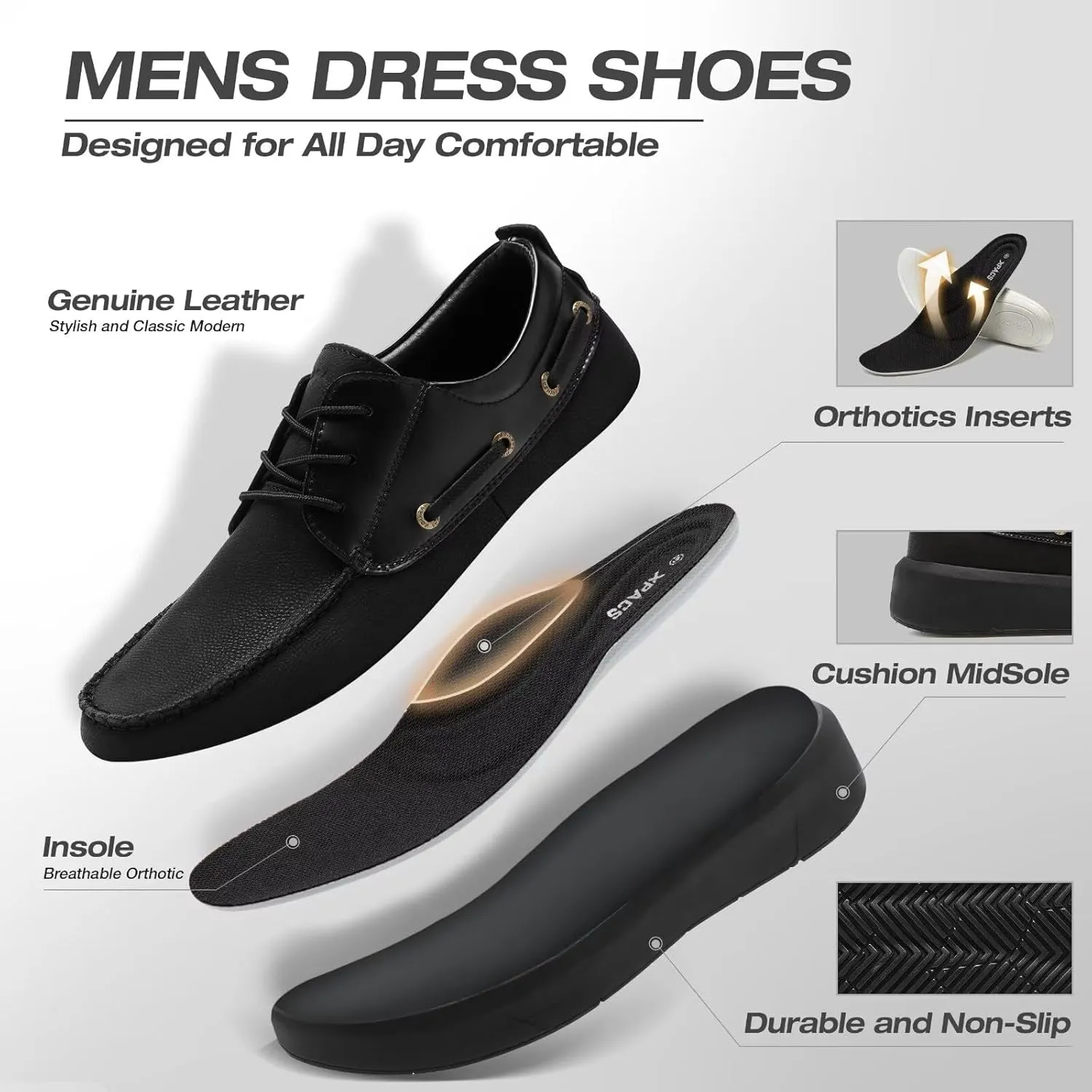 XPACS Men's Orthopedic Leather Dress Walking Shoes: Comfortable Plantar Fasciitis Arch Support Flat Feet Fashion Sneakers, Orthotic Casual Business Work Tennis Oxfords for Heel Foot Pain Relief