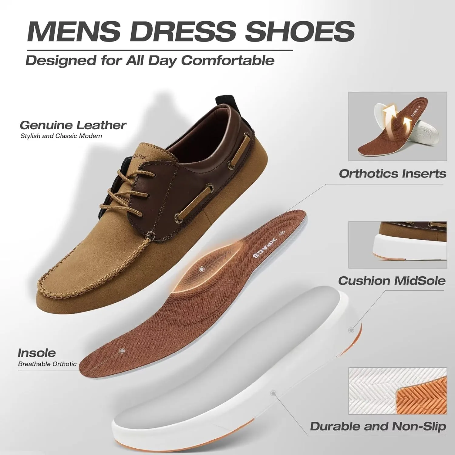 XPACS Men's Orthopedic Leather Dress Walking Shoes: Comfortable Plantar Fasciitis Arch Support Flat Feet Fashion Sneakers, Orthotic Casual Business Work Tennis Oxfords for Heel Foot Pain Relief