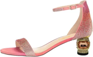 XYD Women Open Toe Rhinestone Low Heel Sandal Pumps Ankle Strap Buckled Bejeweled Crystal Bridal Shoes
