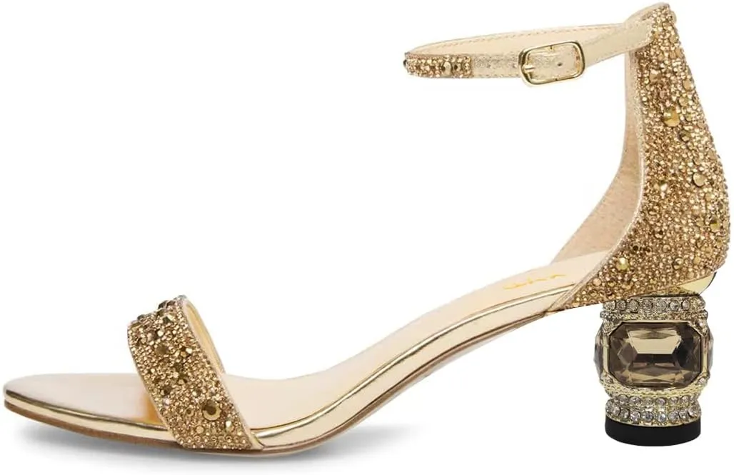 XYD Women Open Toe Rhinestone Low Heel Sandal Pumps Ankle Strap Buckled Bejeweled Crystal Bridal Shoes
