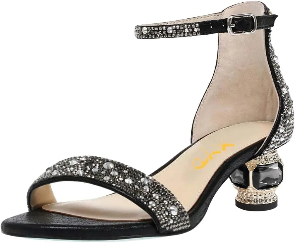 XYD Women Open Toe Rhinestone Low Heel Sandal Pumps Ankle Strap Buckled Bejeweled Crystal Bridal Shoes