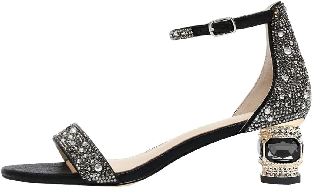 XYD Women Open Toe Rhinestone Low Heel Sandal Pumps Ankle Strap Buckled Bejeweled Crystal Bridal Shoes