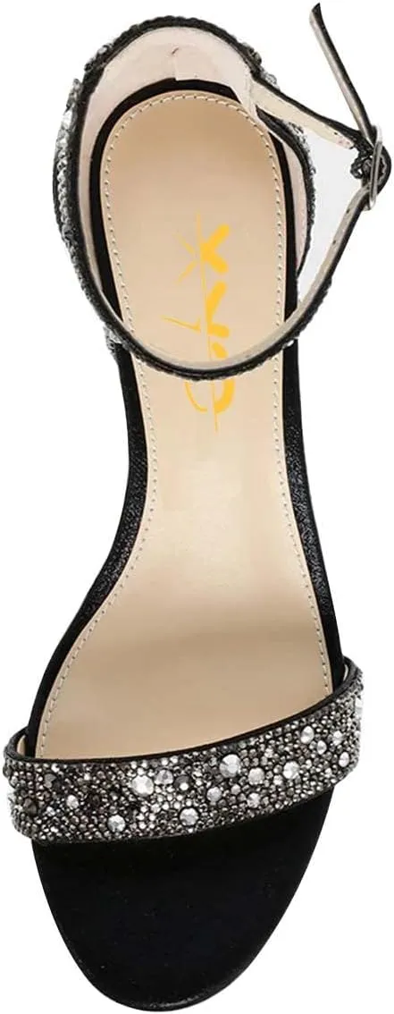 XYD Women Open Toe Rhinestone Low Heel Sandal Pumps Ankle Strap Buckled Bejeweled Crystal Bridal Shoes