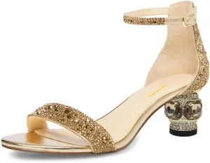 XYD Women Open Toe Rhinestone Low Heel Sandal Pumps Ankle Strap Buckled Bejeweled Crystal Bridal Shoes