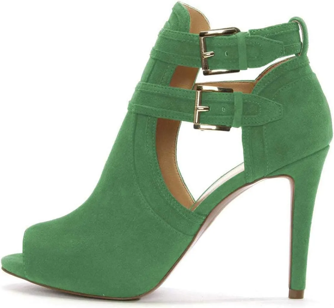 XYD Women Peep Toe Sandal Ankle Booties Dual Buckled Straps Stiletto Heels Stylish Cutout Event Party Pumps Shoes
