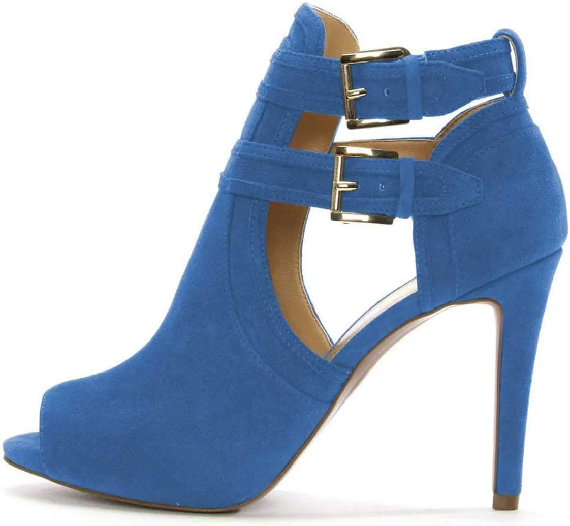 XYD Women Peep Toe Sandal Ankle Booties Dual Buckled Straps Stiletto Heels Stylish Cutout Event Party Pumps Shoes