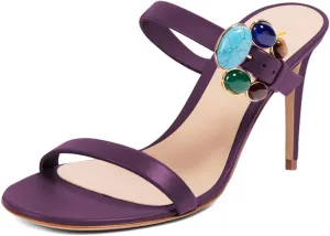 XYD Women Retro Colorful Buckle Double Strap Sandals High Heel Mules Open Toe Slip-on Holiday Party Shoes