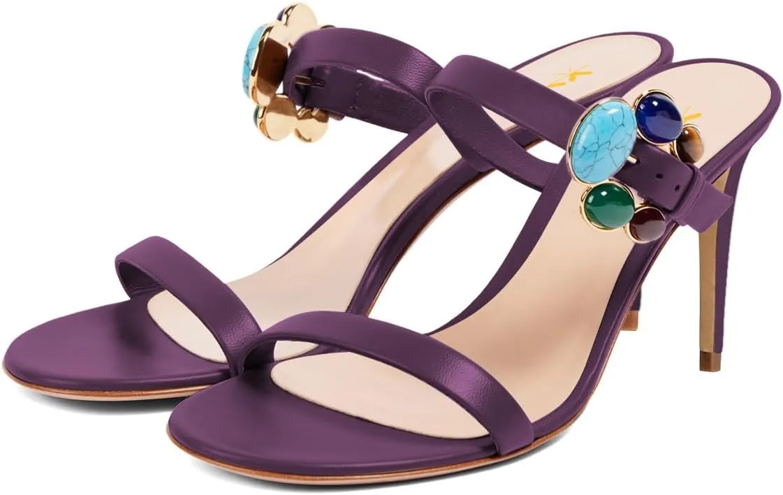 XYD Women Retro Colorful Buckle Double Strap Sandals High Heel Mules Open Toe Slip-on Holiday Party Shoes