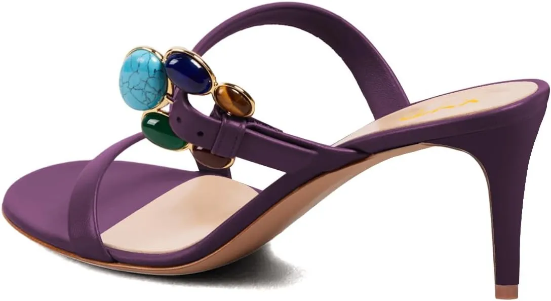 XYD Women Retro Colorful Buckle Double Strap Sandals High Heel Mules Open Toe Slip-on Holiday Party Shoes
