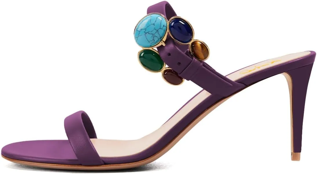 XYD Women Retro Colorful Buckle Double Strap Sandals High Heel Mules Open Toe Slip-on Holiday Party Shoes
