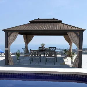 YOLENY 10'x13' Hardtop Gazebo with Galvanized Steel Double Roof, Pergolas Aluminum Frame, Netting and Curtains Included, Metal Outdoor Gazebos for Garden, Patios, Lawns, Parties