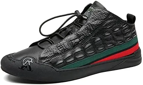 ZOOGEM Men's Crocodile Print Leather Casual Shoes Cowhide Crocodile Print Leather Shoes Non-Slip Casual Fashion Sneakers (Black-a,9)